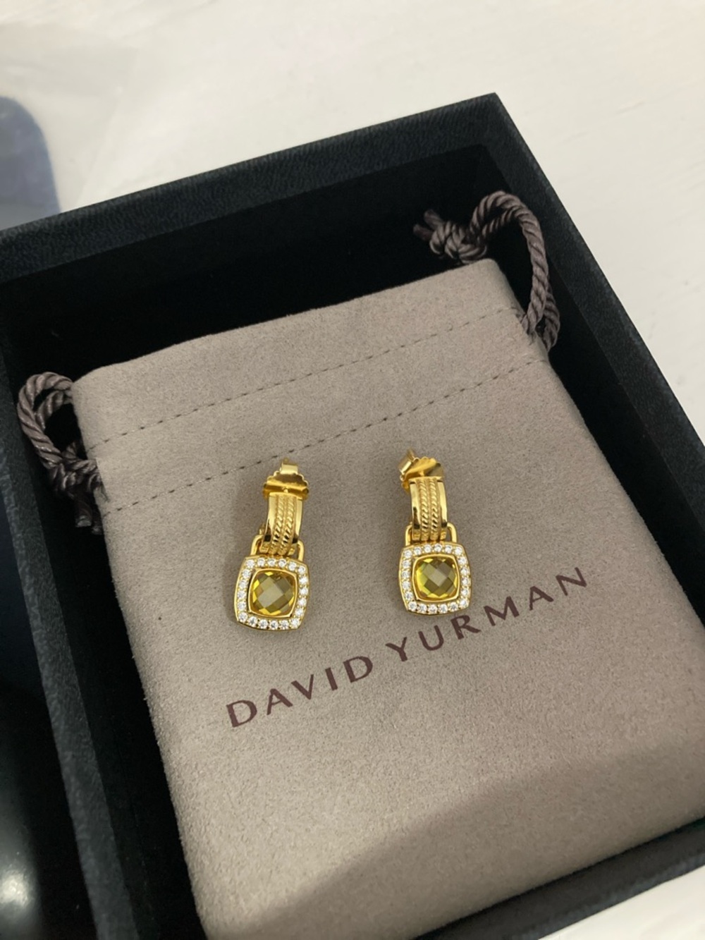 Authentic David Yurman Gold Cable Drop Earrings with Yellow Gemstones